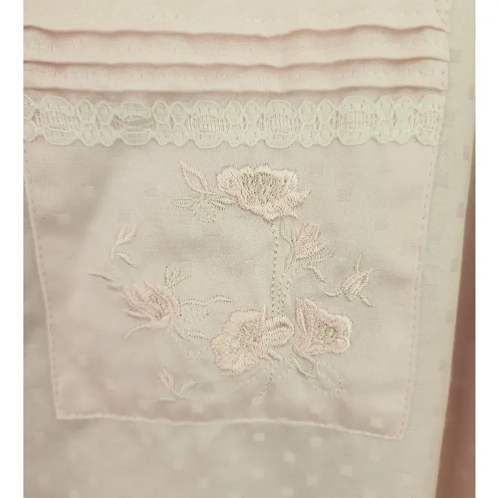 Miss Elaine Women L Long-Sleeve Pink Button Satin Flannel Embroidered Nightshirt